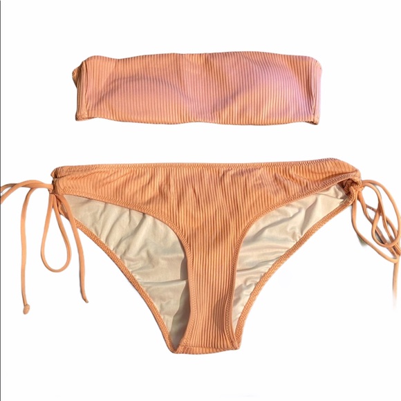 pink ribbed bandeau bikini